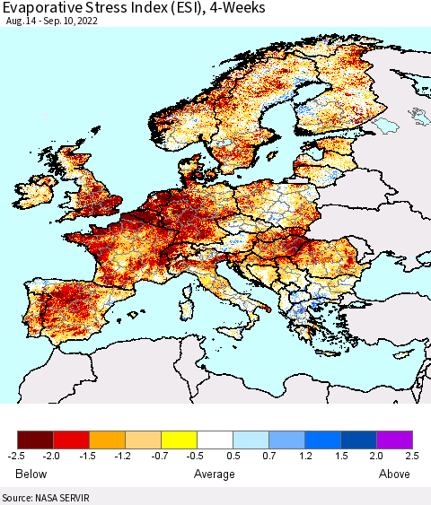 Europe Evaporative Stress Index (ESI), 4-Weeks Thematic Map For 9/5/2022 - 9/11/2022