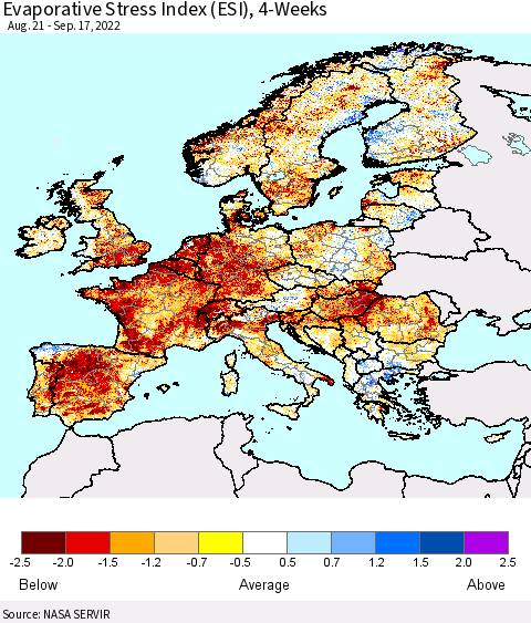 Europe Evaporative Stress Index (ESI), 4-Weeks Thematic Map For 9/12/2022 - 9/18/2022
