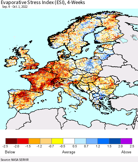 Europe Evaporative Stress Index (ESI), 4-Weeks Thematic Map For 9/26/2022 - 10/2/2022
