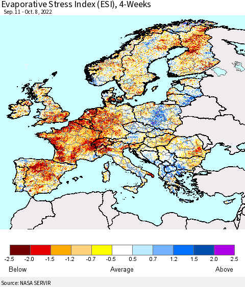 Europe Evaporative Stress Index (ESI), 4-Weeks Thematic Map For 10/3/2022 - 10/9/2022