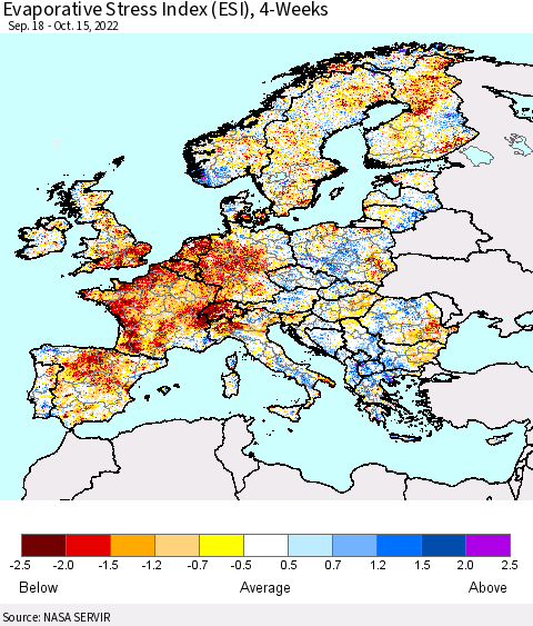 Europe Evaporative Stress Index (ESI), 4-Weeks Thematic Map For 10/10/2022 - 10/16/2022