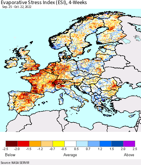 Europe Evaporative Stress Index (ESI), 4-Weeks Thematic Map For 10/17/2022 - 10/23/2022