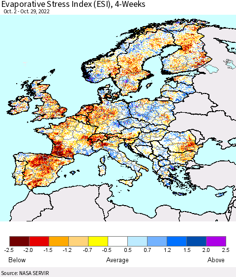 Europe Evaporative Stress Index (ESI), 4-Weeks Thematic Map For 10/24/2022 - 10/30/2022
