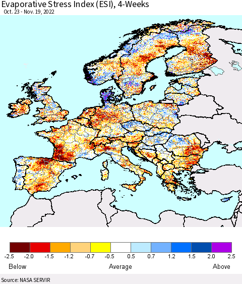Europe Evaporative Stress Index (ESI), 4-Weeks Thematic Map For 11/14/2022 - 11/20/2022