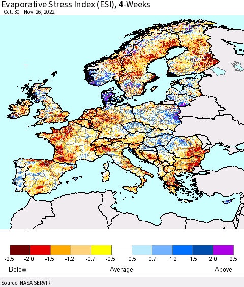 Europe Evaporative Stress Index (ESI), 4-Weeks Thematic Map For 11/21/2022 - 11/27/2022