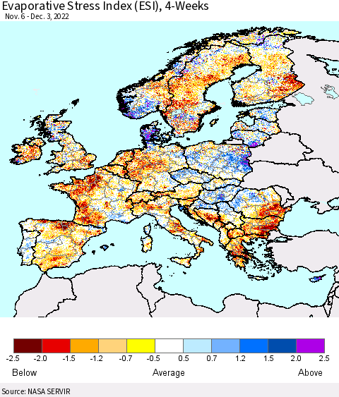 Europe Evaporative Stress Index (ESI), 4-Weeks Thematic Map For 11/28/2022 - 12/4/2022