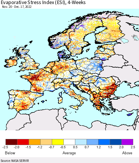 Europe Evaporative Stress Index (ESI), 4-Weeks Thematic Map For 12/12/2022 - 12/18/2022