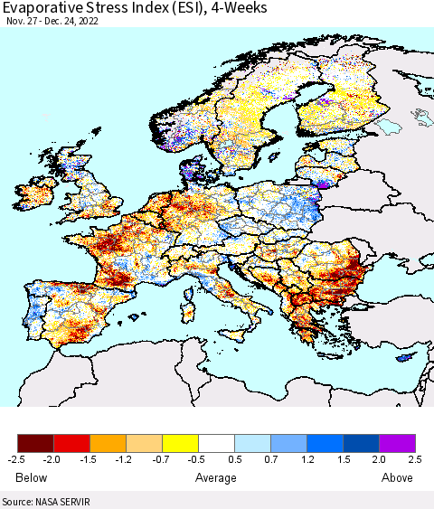 Europe Evaporative Stress Index (ESI), 4-Weeks Thematic Map For 12/19/2022 - 12/25/2022