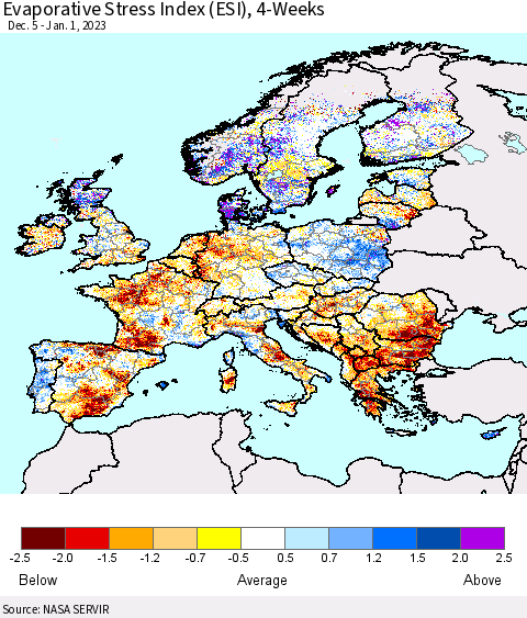 Europe Evaporative Stress Index (ESI), 4-Weeks Thematic Map For 12/26/2022 - 1/1/2023