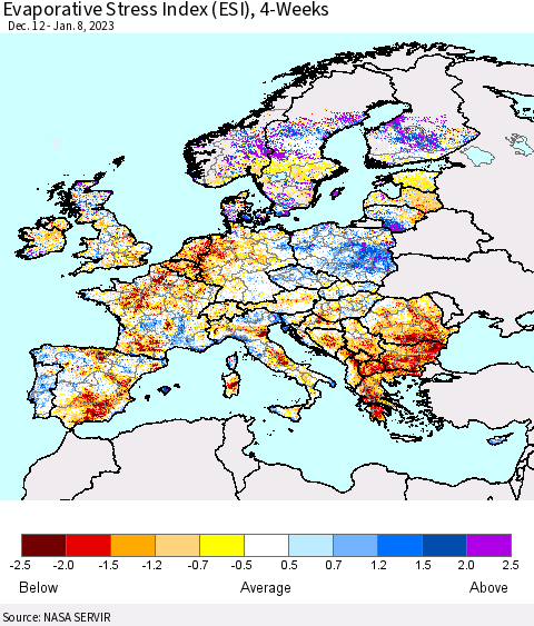 Europe Evaporative Stress Index (ESI), 4-Weeks Thematic Map For 1/2/2023 - 1/8/2023