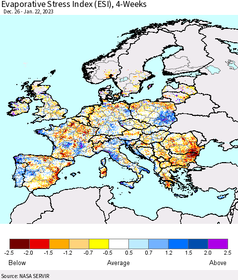 Europe Evaporative Stress Index (ESI), 4-Weeks Thematic Map For 1/16/2023 - 1/22/2023