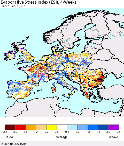 Europe Evaporative Stress Index (ESI), 4-Weeks Thematic Map For 1/23/2023 - 1/29/2023