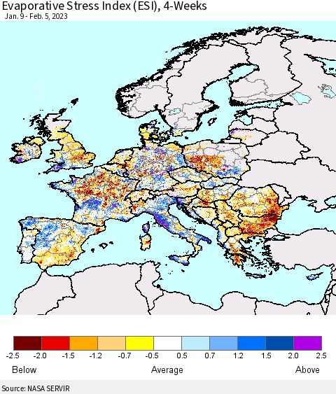 Europe Evaporative Stress Index (ESI), 4-Weeks Thematic Map For 1/30/2023 - 2/5/2023