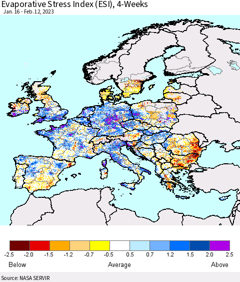 Europe Evaporative Stress Index (ESI), 4-Weeks Thematic Map For 2/6/2023 - 2/12/2023