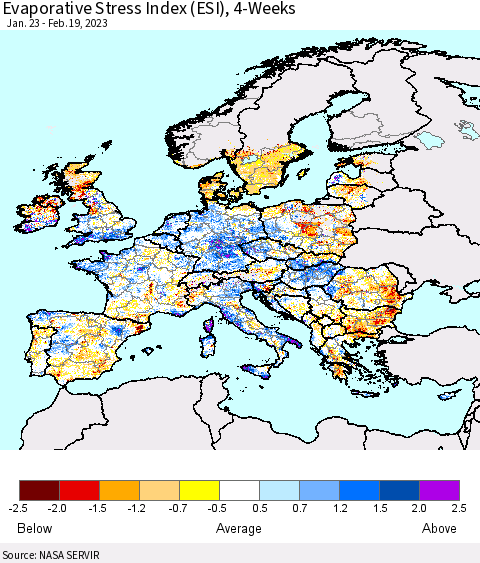 Europe Evaporative Stress Index (ESI), 4-Weeks Thematic Map For 2/13/2023 - 2/19/2023