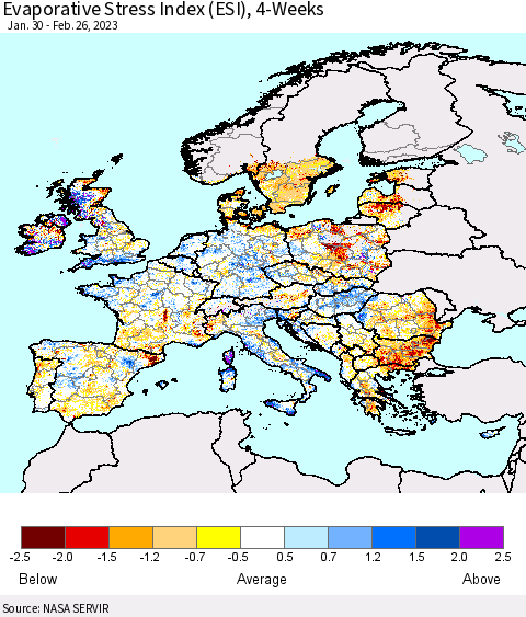 Europe Evaporative Stress Index (ESI), 4-Weeks Thematic Map For 2/20/2023 - 2/26/2023