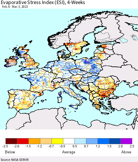 Europe Evaporative Stress Index (ESI), 4-Weeks Thematic Map For 2/27/2023 - 3/5/2023