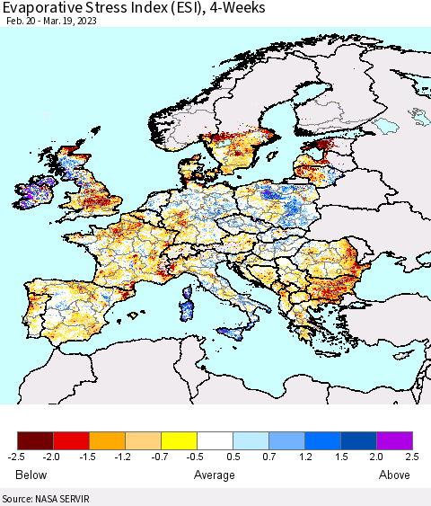 Europe Evaporative Stress Index (ESI), 4-Weeks Thematic Map For 3/13/2023 - 3/19/2023