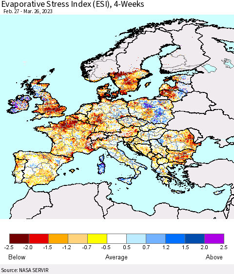 Europe Evaporative Stress Index (ESI), 4-Weeks Thematic Map For 3/20/2023 - 3/26/2023