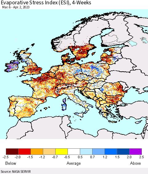 Europe Evaporative Stress Index (ESI), 4-Weeks Thematic Map For 3/27/2023 - 4/2/2023