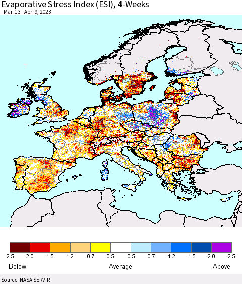 Europe Evaporative Stress Index (ESI), 4-Weeks Thematic Map For 4/3/2023 - 4/9/2023