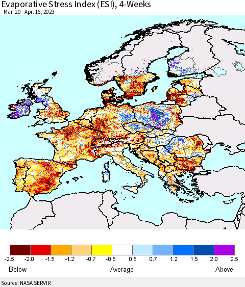 Europe Evaporative Stress Index (ESI), 4-Weeks Thematic Map For 4/10/2023 - 4/16/2023
