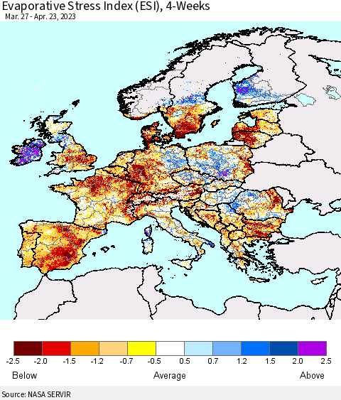 Europe Evaporative Stress Index (ESI), 4-Weeks Thematic Map For 4/17/2023 - 4/23/2023