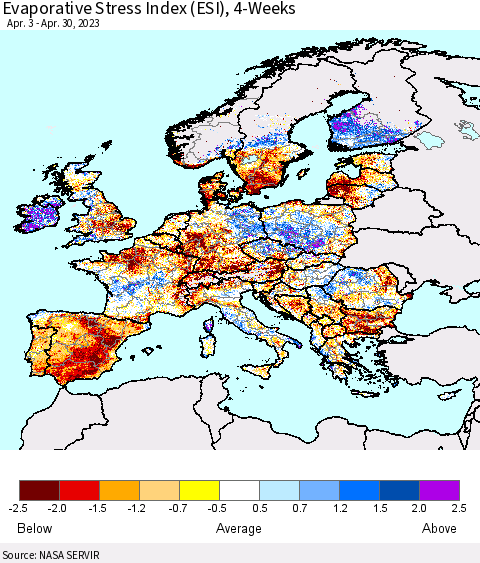 Europe Evaporative Stress Index (ESI), 4-Weeks Thematic Map For 4/24/2023 - 4/30/2023