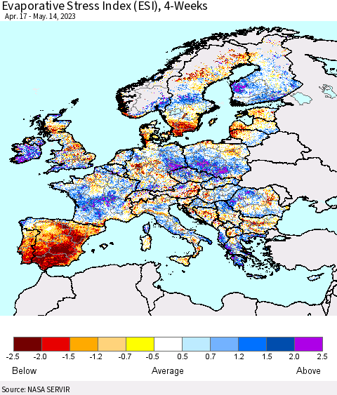 Europe Evaporative Stress Index (ESI), 4-Weeks Thematic Map For 5/8/2023 - 5/14/2023
