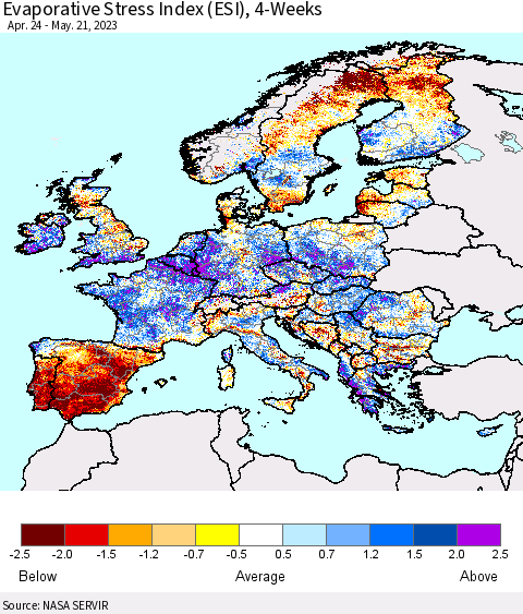 Europe Evaporative Stress Index (ESI), 4-Weeks Thematic Map For 5/15/2023 - 5/21/2023