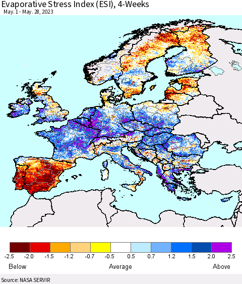 Europe Evaporative Stress Index (ESI), 4-Weeks Thematic Map For 5/22/2023 - 5/28/2023