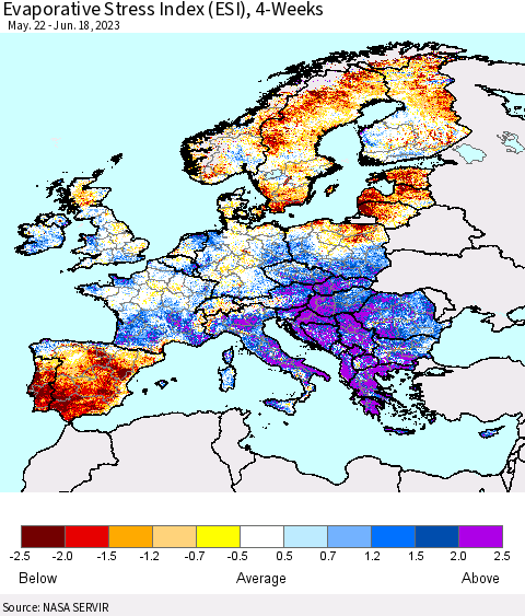 Europe Evaporative Stress Index (ESI), 4-Weeks Thematic Map For 6/12/2023 - 6/18/2023