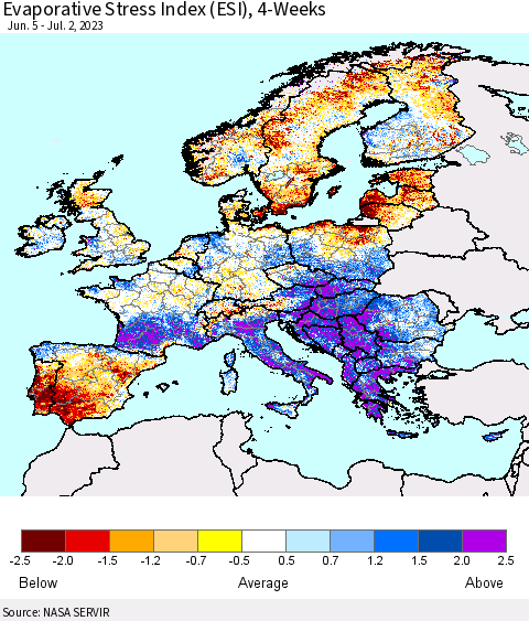 Europe Evaporative Stress Index (ESI), 4-Weeks Thematic Map For 6/26/2023 - 7/2/2023