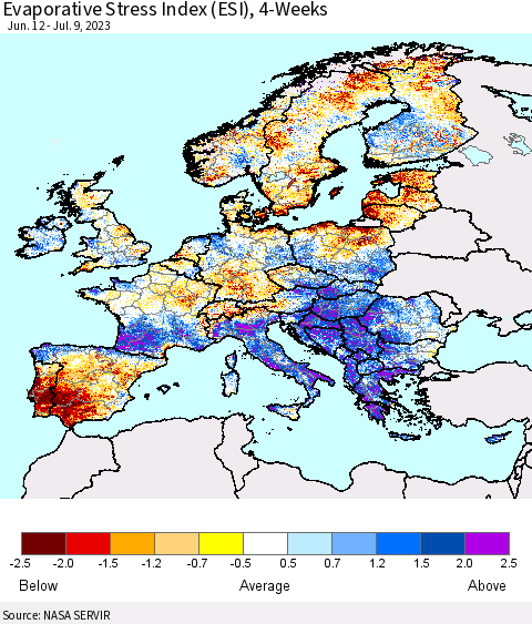 Europe Evaporative Stress Index (ESI), 4-Weeks Thematic Map For 7/3/2023 - 7/9/2023