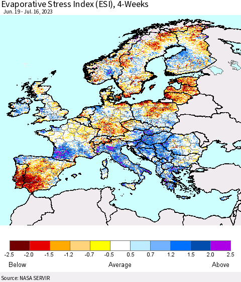Europe Evaporative Stress Index (ESI), 4-Weeks Thematic Map For 7/10/2023 - 7/16/2023