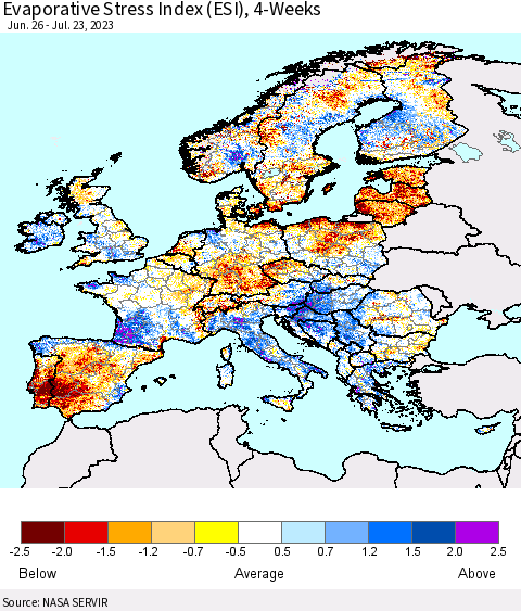 Europe Evaporative Stress Index (ESI), 4-Weeks Thematic Map For 7/17/2023 - 7/23/2023