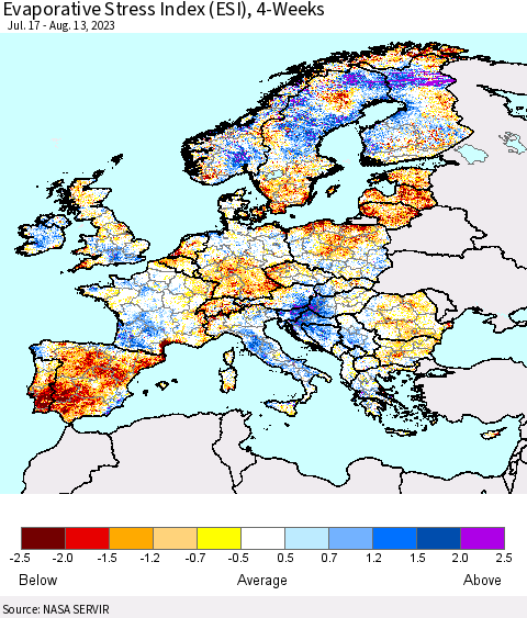 Europe Evaporative Stress Index (ESI), 4-Weeks Thematic Map For 8/7/2023 - 8/13/2023