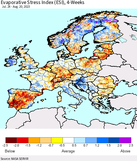 Europe Evaporative Stress Index (ESI), 4-Weeks Thematic Map For 8/14/2023 - 8/20/2023