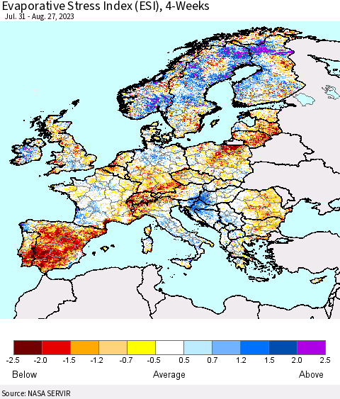 Europe Evaporative Stress Index (ESI), 4-Weeks Thematic Map For 8/21/2023 - 8/27/2023