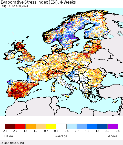Europe Evaporative Stress Index (ESI), 4-Weeks Thematic Map For 9/4/2023 - 9/10/2023
