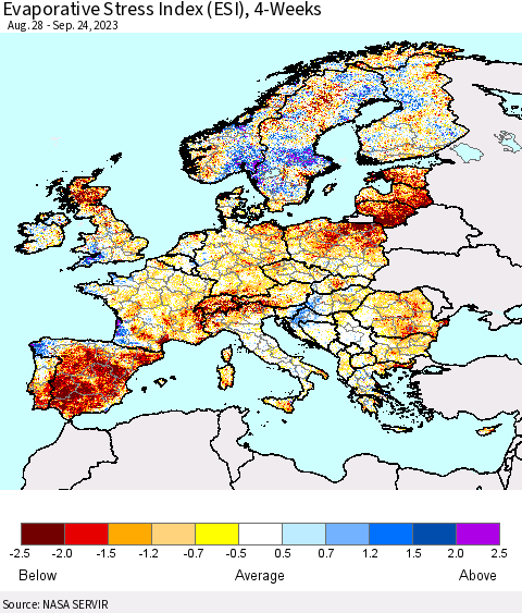 Europe Evaporative Stress Index (ESI), 4-Weeks Thematic Map For 9/18/2023 - 9/24/2023