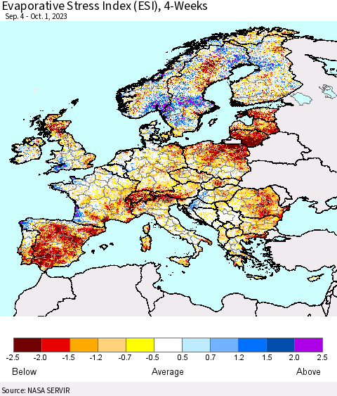 Europe Evaporative Stress Index (ESI), 4-Weeks Thematic Map For 9/25/2023 - 10/1/2023