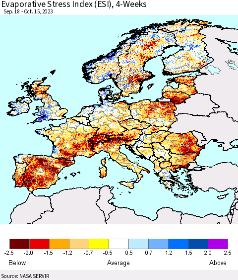Europe Evaporative Stress Index (ESI), 4-Weeks Thematic Map For 10/9/2023 - 10/15/2023