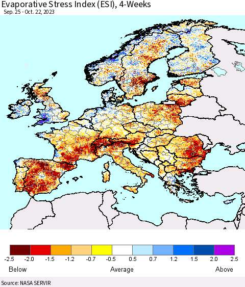 Europe Evaporative Stress Index (ESI), 4-Weeks Thematic Map For 10/16/2023 - 10/22/2023