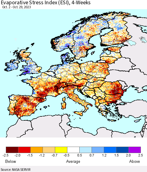 Europe Evaporative Stress Index (ESI), 4-Weeks Thematic Map For 10/23/2023 - 10/29/2023