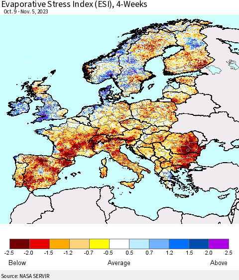 Europe Evaporative Stress Index (ESI), 4-Weeks Thematic Map For 10/30/2023 - 11/5/2023