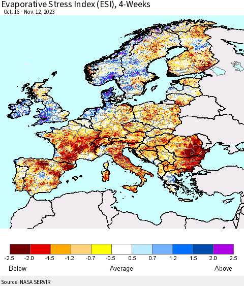 Europe Evaporative Stress Index (ESI), 4-Weeks Thematic Map For 11/6/2023 - 11/12/2023