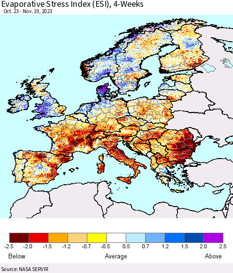 Europe Evaporative Stress Index (ESI), 4-Weeks Thematic Map For 11/13/2023 - 11/19/2023