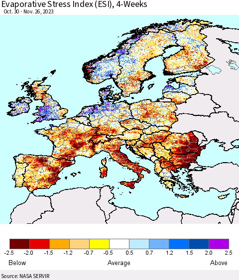Europe Evaporative Stress Index (ESI), 4-Weeks Thematic Map For 11/20/2023 - 11/26/2023
