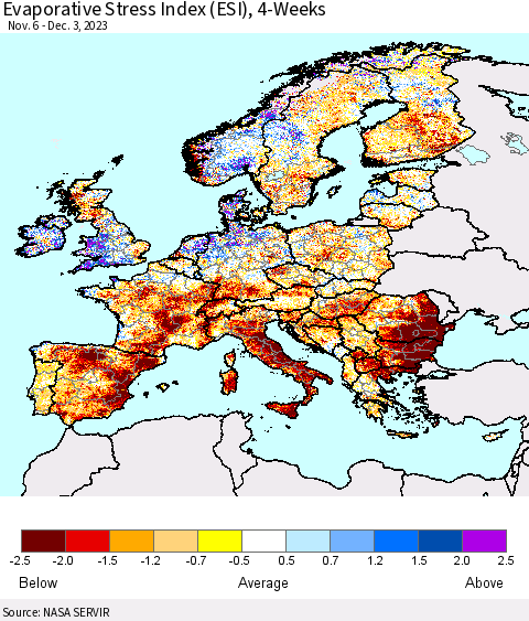 Europe Evaporative Stress Index (ESI), 4-Weeks Thematic Map For 11/27/2023 - 12/3/2023